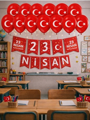 Pairla 23 Nisan Dekoratif Süsü Flama Okul Süsü, Atatürklü Balon, Türk Bayrağı Pano Süsleri “3 Metre Led”