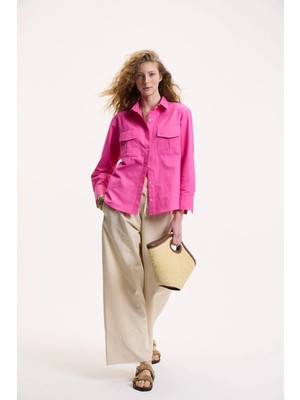 Ethiquet MELANCHOLI Kadın %100 Pamuk Keten Görünümlü Yüksek Bel Lastikli Bel Bej Pantolon