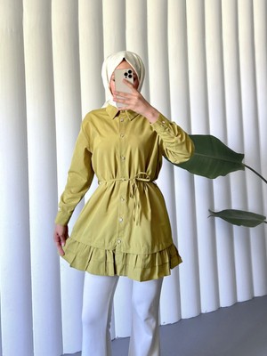 Modamorfo Etek Ucu Katlı Fırfırlı Düğmeli Poplin Gömlek Tunik -Yağ Yeşili