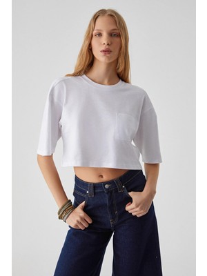 Ethiquet QEFKOP Kadın %100 Pamuk Bisiklet Yaka Oversize Beyaz T-Shirt