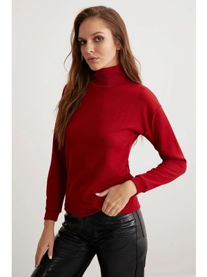 ETHIQUET Padma Kadın Slim Fit Dar Kesim Dik Yaka Viskon Karışımlı Uzun Kol Örme Bordo Kazak