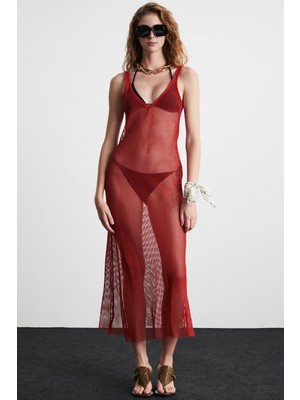 Ethiquet DERYN Kadın File Pamuklu Kumaşlı V yakalı Eteği Kloş Plaj Giyimi Kiremit Rengi Elbise