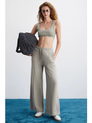 Ethiquet VIELKA Kadın Organik Pamuklu İçi Şardonlu Nervürlü Yazı Nakış Detaylı Bej Eşofman Altı