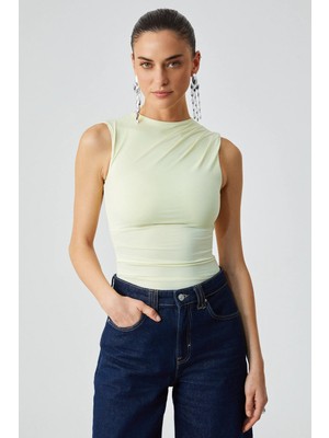 Ethiquet CANISA Kadın Slim Fit Sıfır Kol Yuvarlak Yaka Düz Renk Sarı Atlet
