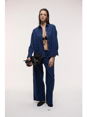 Grimelange Ethiquet MELANCHOLI Kadın %100 Pamuk Keten Görünümlü Yüksek Bel Lastikli Bel Lacivert Pantolon