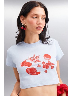 Ethiquet SERENE Kadın Kısa Kollu Baskılı Crop Mavi T-Shirt