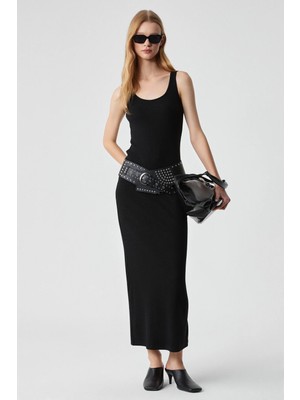 Grimelange ETHIQUET SOFUTEY Kadın Slim Kolsuz Oyuk Yaka Düz Paça Siyah Elbise