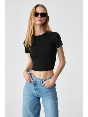 Grimelange ETHIQUET CERAEN Kadın Slim Kısa Kol Bisiklet Yaka Siyah T-Shirt