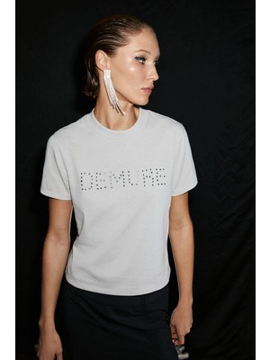 Grimelange ETHIQUET DEMURA Kadın Regular Taşlı Yuvarlak Yaka Açık Gri T-Shirt