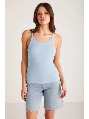 ETHIQUET Emıly Kadın Regular Fit Normal Kalıp Pamuklu Kalın Askılı Oyuk Yaka Örme Mavi Atlet