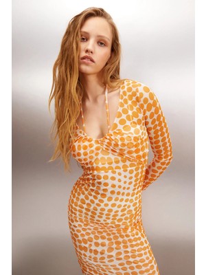 Ethiquet ANATOLA Kadın tül Mesh Kumaşlı Puantiyeli Boyundan bağlamalı Turuncu /Desenli Elbise