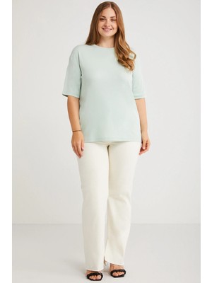 Ethiquet Vıvıan Kadın %100 Organik Pamuklu Oversize Fit Bisiklet Yaka Açık Yeşil Büyük Beden T-shirt