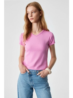 Ethiquet MASROUTI Kadın Slim Kısa V Yaka Kısa Kol Pembe T-Shirt