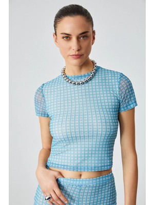 Grimelange ETHIQUET GRESNA Kadın Slim Çizgili Bisiklet Yaka Kısa Kol Tül Mavi T-Shirt