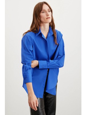 Ethiquet CELIA Kadın %100 Organik Pamuklu Oversize Fit Bol Kesim Tek Cepli Dokuma Lacivert Gömlek