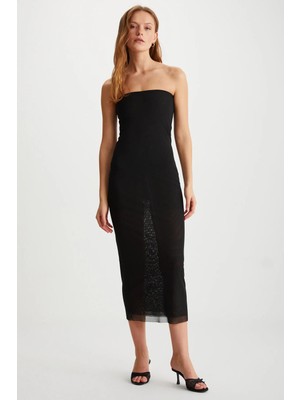 Grimelange ETHIQUET APOLLINE Kadın Tül Midi Boy Omzu Açık Siyah Elbise