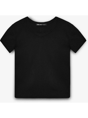 Ethiquet MASROUTI Kadın Slim Kısa V Yaka Kısa Kol Siyah T-Shirt