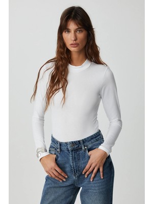 Grimelange Ethıquet Kamılla Kadın Uzun Kollu Yarım Balıkçı Yaka Çıtçıtlı Beyaz Body