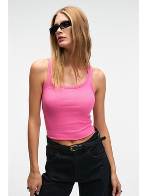 ETHIQUET LILLESOL Kadın Fitilli Görünümlü Slim Fit Vücuda Oturan Havuz Yakalı Pamuklu Basic Fuşya Atlet