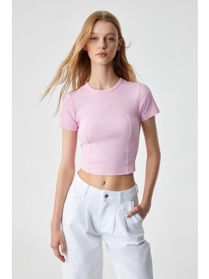 Ethiquet CERAEN Kadın Slim Kısa Kol Bisiklet Yaka Pembe T-Shirt
