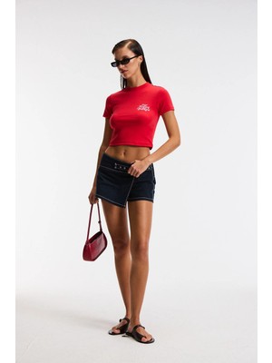 Ethiquet MIREZA Kadın Baskı Detaylı Slim Fit Kısa Kollu Yuvarlak Yaka Kırmızı T-Shirt