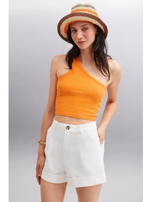 Grimelange ETHIQUET DIVINA Kadın ORGANIK PAMUKLU Fitilli Esnek Kumaşlı Asimetrik Yaka Tek Kol Turuncu Bluz