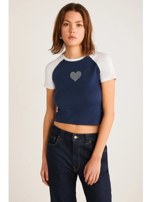 Grimelange ETHIQUET VANE Kadın %100 Pamuk Kısa Kollu Baskılı Crop Navy/Beyaz T-Shirt