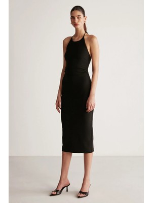 Ethiquet ANDIE Kadın Dokuma Krep Kumaşlı Bodycon Vücüdu Saran Boyundan Bağlamalı Siyah Elbise