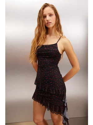 Grimelange ETHIQUET NIMUA Kadın Tül mesh Kumaşlı Astarlı Asimetrik fırfırlı Püsküllü Midi Siyah Elbise