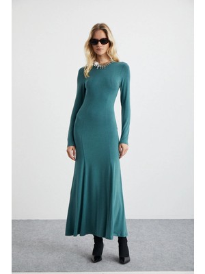 Ethiquet NUVIA Kadın Viskon Likralı Belden Oturan Parçalı Geniş Kloş Etekli Maxi Yeşil Elbise