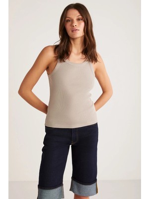 ETHIQUET Emıly Kadın Regular Fit Normal Kalıp Pamuklu Kalın Askılı Oyuk Yaka Örme Vizon Atlet