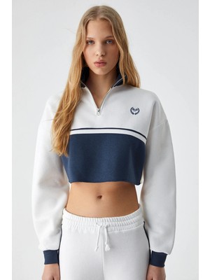 Grimelange Ethıquet Krussen Kadın Oversize Fermuarlı Uzun Kollu 3 İplik Kısa Beyaz Sweatshirt