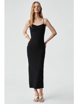 Grimelange ETHIQUET SEDRUAN Kadın Slim Askılı Yaka İnce Uzun Siyah Elbise