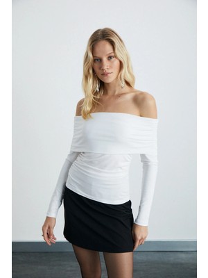 Ethiquet BABEL Kadın Likralı Viskon Bardot Yaka Yumuşacık Beyaz Bluz