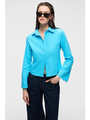 Grimelange ETHIQUET MAKAYLA Kadın Keten Uzun Kollu Regular Fit Mavi Gömlek