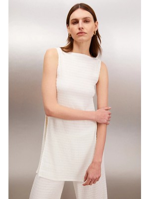 Grimelange ETHIQUET SERELUNE Kadın Geniş Yaka Regular Kalıp Kolsuz Yanlari açık Uzun Ekru Bluz