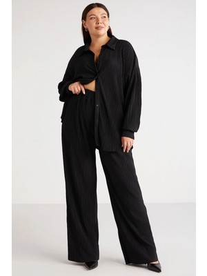 ETHIQUET Suena Kadın Krinkle Varak Baskı Beli Lastikli Flare Siyah Büyük Beden Pantolon