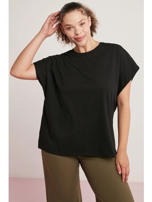 Ethiquet Ethıquet Dory Kadın 100% Pamuk Oversize Fit Yarasa Kol Yuvarlak Yaka Siyah Büyük Beden T-Shirt