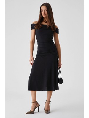 Grimelange ETHIQUET MONSSUA Kadın Regular Omzu Açık Normal Paça Siyah Elbise