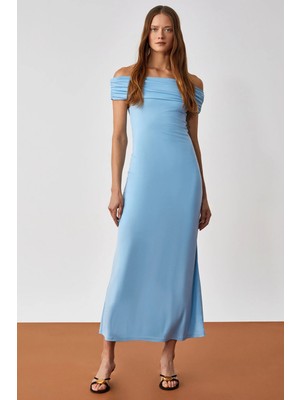 Grimelange Ethıquet Ankala Kadın Regular Kısa Kol Carmen Yaka Mavi Elbise