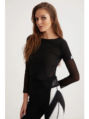 Grimelange Ethiquet MAURICE Kadın tül Mesh Kumaşlı Çift Ürün Görünümlü Etiketli Asimetrik Siyah Bluz