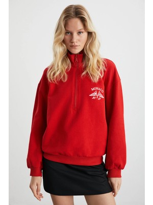 Ethiquet MEYBELINA Kadın Organik Pamuklu Kemik fermuarlı Dik Yaka Yazılı Baskılı Kırmızı Sweatshirt