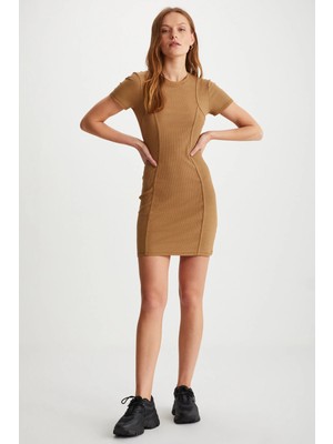 Grimelange ETHIQUET MELISENDA Kadın Kısa Kollu Mini Kahverengi Elbise