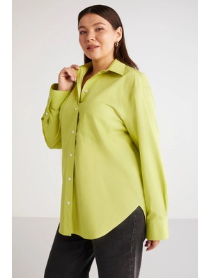 ETHIQUET Susan Kadın Büyük Beden Poplin Manşetli Oversize Yeşil Büyük Beden Gömlek