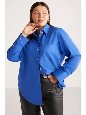 ETHIQUET Susan Kadın Büyük Beden Poplin Manşetli Oversize Mavi Büyük Beden Gömlek