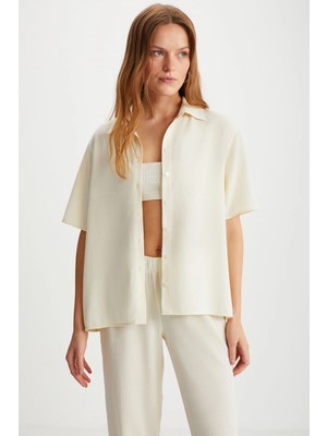 Grimelange ETHIQUET CARMINA Kadın Kısa Kollu Dugmeli Cepsiz Ekru Gömlek