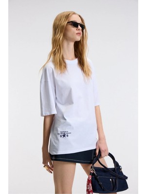 Ethiquet TAVENA Kadın %100 Pamuk Baskılı Oversize Fit Kısa Kollu Yuvarlak Yaka Beyaz T-Shirt
