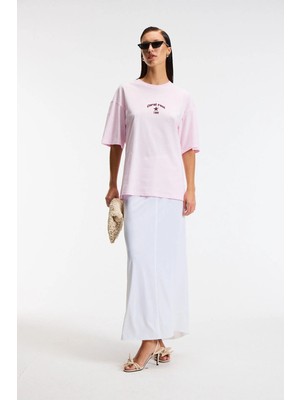 Grimelange ETHIQUET TAVENA Kadın %100 Pamuk Baskılı Oversize Fit Kısa Kollu Yuvarlak Yaka Pembe T-Shirt