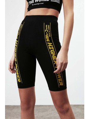 Ethiquet FORCE Kadın Slogan Baskı Detaylı Diz Üstü Spor Slim Fit Siyah Tayt