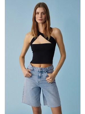 Grimelange ETHIQUET UJERAN Kadın Asimetrik Yaka Slim Kolsuz Siyah Bluz